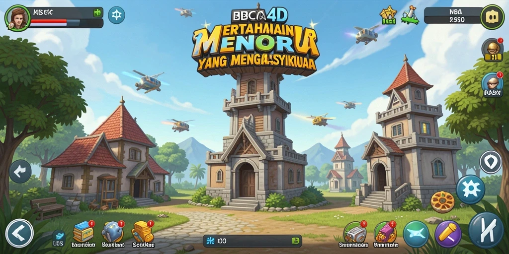 Tampilan gameplay BBCA4D dalam pertempuran menara melawan musuh.