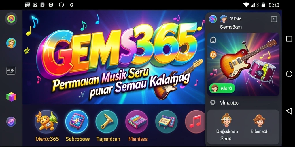Gameplay GEMS365 menampilkan keseruan bermain musik dengan berbagai lagu.