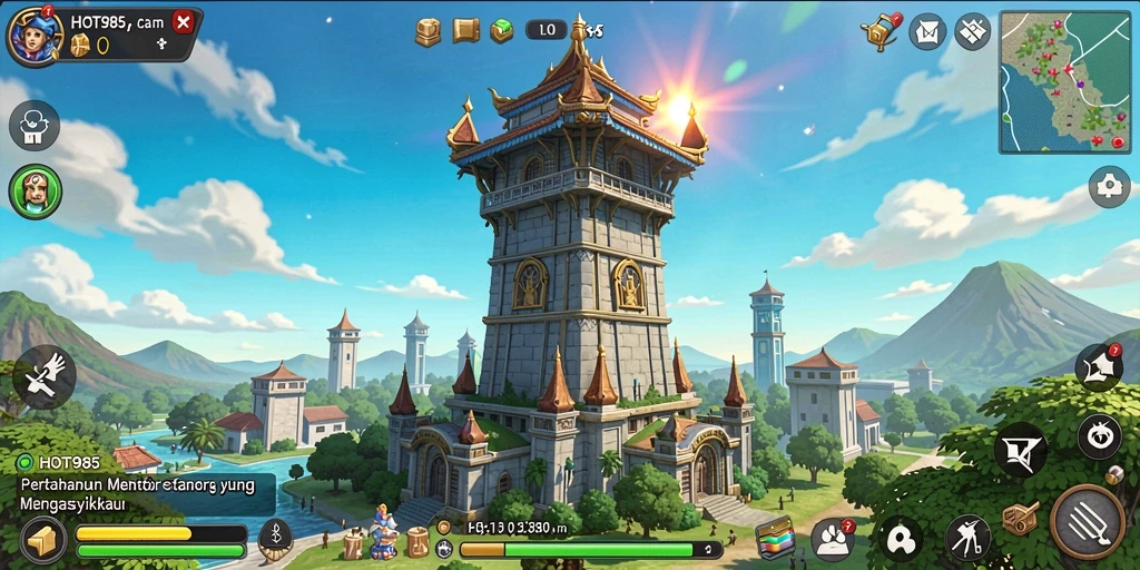Screenshot gameplay HOT985 menunjukkan aksi mempertahankan menara yang seru.