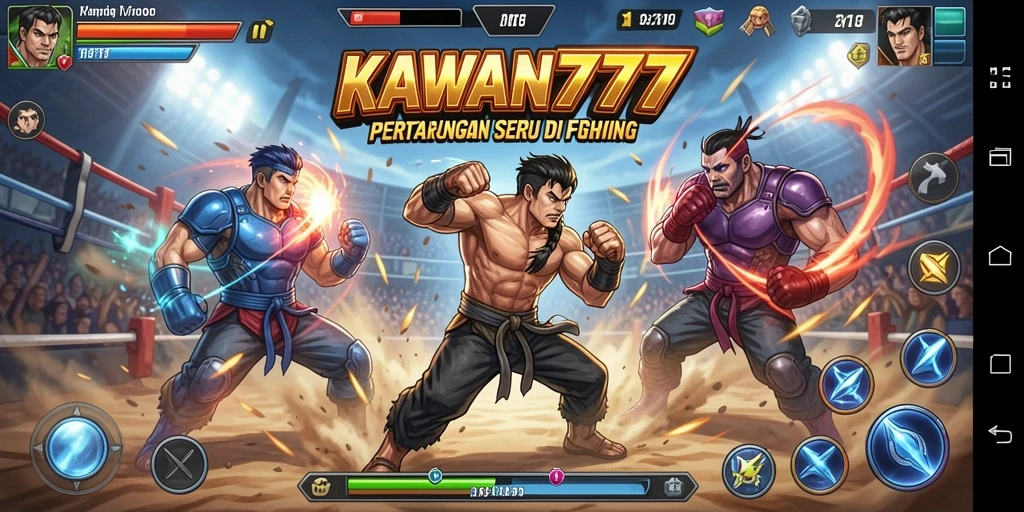 Screenshot KAWAN777 menampilkan pertarungan epik antara karakter yang kuat.