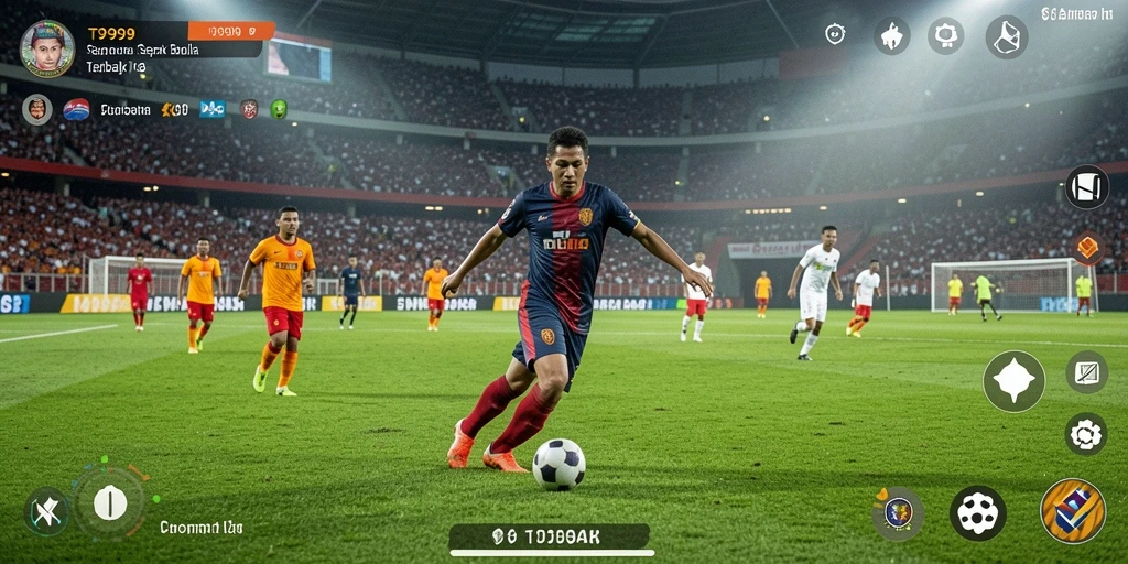 Tangkapan layar gameplay menunjukkan aksi seru pertandingan sepak bola.